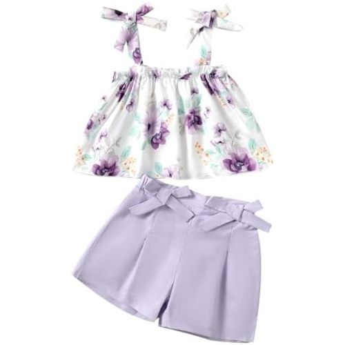 Kucnuzki Toddler Baby Girl Clothes Summer Outfits Ruffle Sleeveless Linen Shirt Kid Short Set for Girl