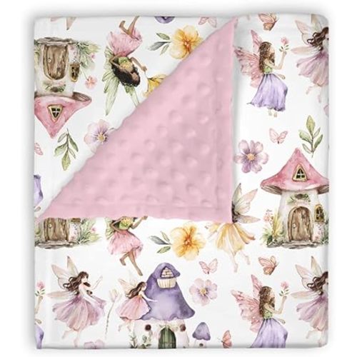Mink Baby Girl Blankets Pink Purple Fairy Tale Garden, Whimsical Magical World Soft Double Layer Dotted Backing Receiving Swaddle, Newborn Infant Toddler Nursery Crib Bedding Shower Gift 30x40