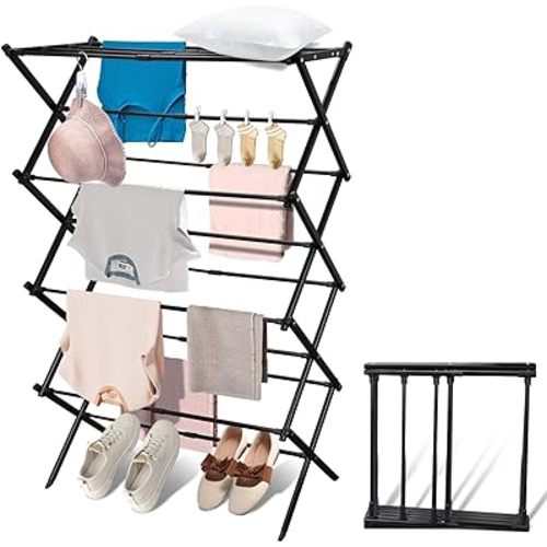 Four-Layer Drying Space, Foldable Clothes Drying Rack, Laundry Drying Rack, Clothes Airer, Steel Frame,Indoor Outdoor Use