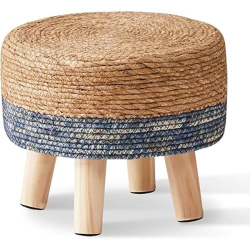Cpintltr Foot Stool Natural Seagrass Hand Weave Poufs Round Ottoman for Couch Desk Soft Step Stool Padded Foot Rest with Non-Skid Pine Legs for Hallway Office Lounge Natural/Blue