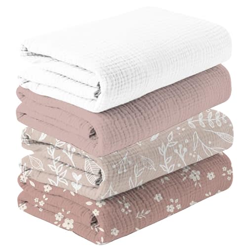Happy Flute 4Set Muslin Swaddle Blankets–Ultra Soft Baby Blanket for Newborns,Receiving Blankets for Baby Girls & Boys–Baby Essentials 0-3 Years,40x40inches (Flower)