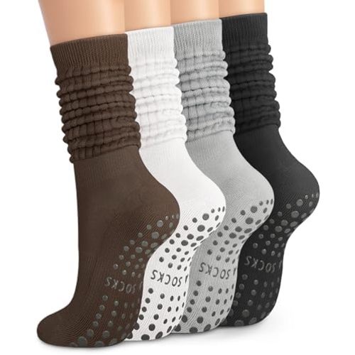 YSense 4 Pairs Pilates Socks with Grips for Women Non Slip Long Slouch Socks Yoga Grippy Sock Slouchy Barre Hospital Slipper