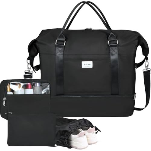 Voova Weekender Bags for Women, Large Travel Duffle Bag for Personal Item Travel with Shoes Compartment, Carry On Overnight Bag with Toiletry Bags 4 Pack Set for Men, Gym, Hospital, Yoga (Black)