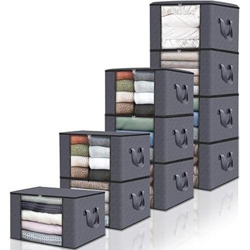 Fab totes 10 Pack Clothes Storage, Foldable Thick Fabric Blanket Storage Bags, Storage Containers for Organizing Bedroom, Closet, Clothing, Comforter, Organization and Storage with Handle,Grey