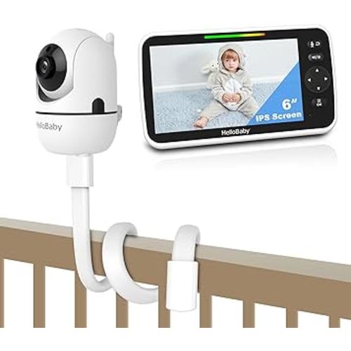 HelloBaby 6'' World First IPS 30H Battery Split-Screen Video Baby Monitor with Mount, No WiFi, Pan-Tilt-Zoom, VOX, 2-Way Talk, Night Vision, 8 Lullabies, 1000ft, for New Parents/Elderly