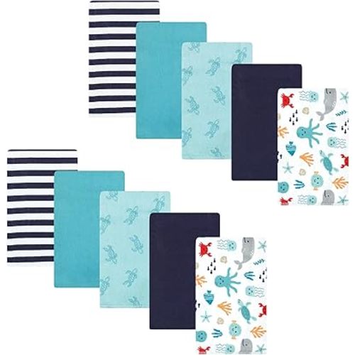 Hudson Baby Unisex Baby Cotton Flannel Burp Cloths, Sea Characters, One Size