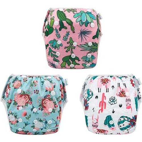 Babygoal Baby Girl and Boy Swim Diapers, Reusable Adjustable Washable One Size Fits 0-8M Baby Gifts and Swimming Lessons 3 Pack 3SD05