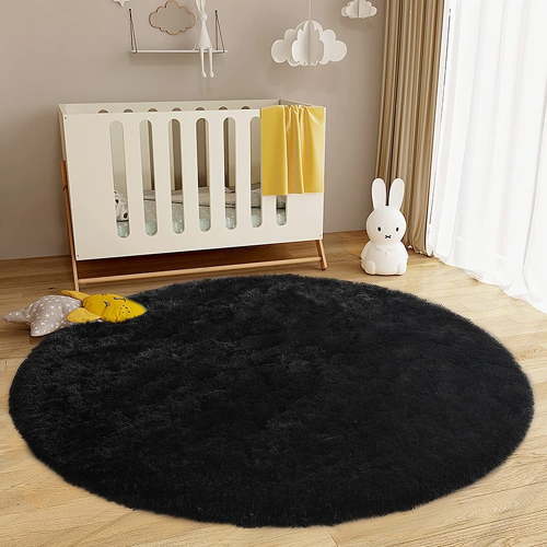 Junovo Circular Fuzzy Kids Area Rugs, Plush Shaggy Carpet For Girls Room, Bedroom, Living Room, 4'x4', Black