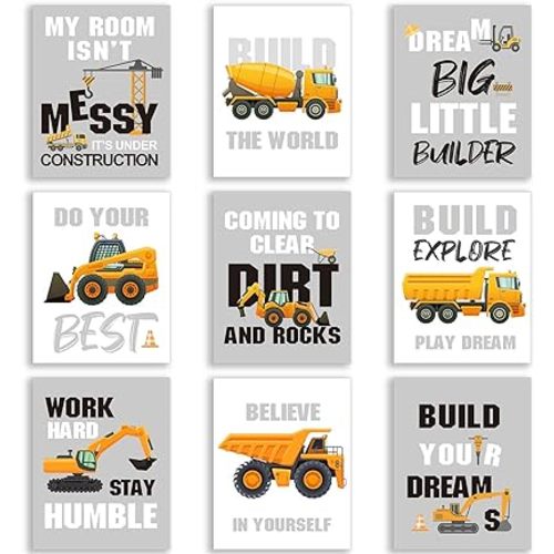 Outus Set of 9 Construction Room Decor Trucks Inspirational Quote Art Print Transport Vehicle Motivational Phrases Poster Nursery or Room Wall Art Decoration Unframed, 8 x 10 Inch