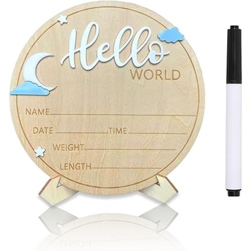 Baby Announcement Sign, 5.9 Inch Wooden Hello World Newborn Signs, Birth Announcement Sign, Quiet Night Crescent Stars Decoration, Welcome Newborn Arrival To World, Hospital Nursery for Baby (White)