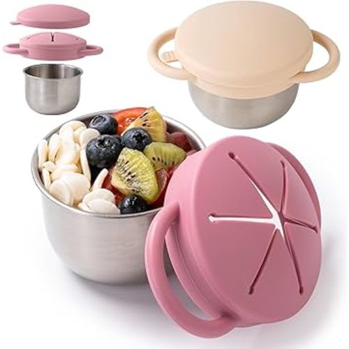 2 Pack Snack Containers for Toddlers, Stainless Steel Toddler Snack Cups with Silicone Food Catcher & Lids,Snack Cups for toddlers Spill Proof