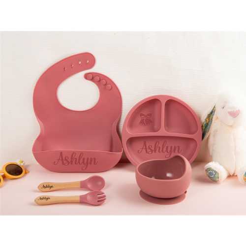 Engraved Silicone Baby Weaning Set,Personalized Baby Essentials Baby Shower Gift,Engraved Silicone Bib, Silicone Weaning Set