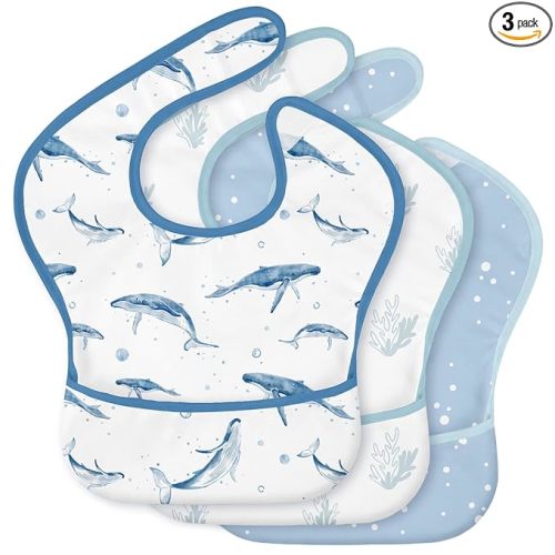 3-Pack Waterproof Baby Bibs for Eating - Mess Proof Lightweight Toddler Feeding Bibs with Large Food Catcher, Food-Grade Baby Eating Essentials, Easy to Put On & Clean(Blue Ocean Whale)