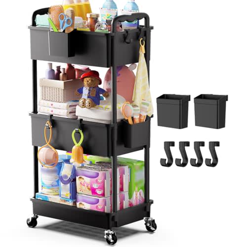 Goovilla Diaper Cart with Lockable Wheels and Easy Assembly, 3 Tier Black Rolling Cart for Baby Nursery Storage, Sturdy Ample Diaper Caddy Organizer for Baby Girl, Boy, New Mom, Newborn Essentials
