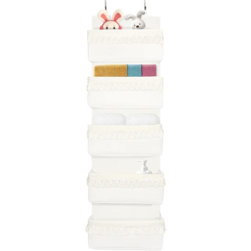 Over The Door Organizer, Boho Baby Nursery Decor Closet Hanging Diaper Organizer With Tassels Back Behind The Door Storage For Bathroom, Bedroom, Pantry, Dorm, Apartments (5 Pockets, White)