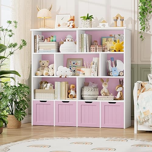 FINETONES Toy Storage Organizer, Kids Bookshelf with 4 Movable Chests and 7 Storage Cubes, Toy Chest Storage with Hidden Wheels, Toy Organizers and Toy Storage, Pink