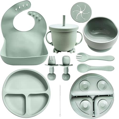 Baby Led Weaning Supplies, 10pc Set (Army Green) [Silicone Feeding Set: Plate, Bowl, Adjustable Bib, Sippy Cup, Spoons, Forks]