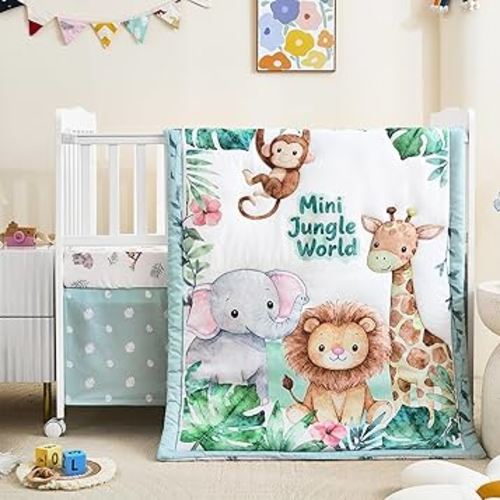 3-Piece Crib Bedding Set for Boys Girls - Ultra Soft & Skin Friendly Baby Bedding Set Includes Crib Comforter, Sheet & Crib Skirt (Safari)