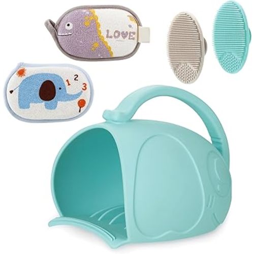 PandaEar Baby Bath Rinse Cup, Silicone Baby Shampoo Rinser with 2 Baby Bath Sponge & 2 Bath Brush for Infants, Toddler Body Washing, Blue