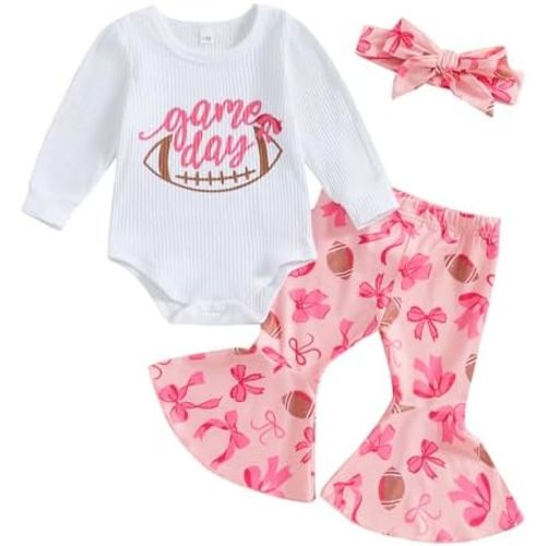 SAYOO Newborn Baby Girl Football Outfit Letter Print Romper Rugby Bell Bottom Pants Bows Fall Coming Home Flare Outfit