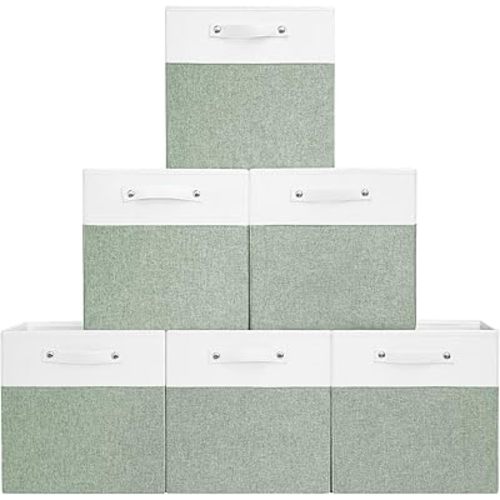 13 x 13 Inch Fabric Storage Cube Bins, 6 Pack Fine Linen Storage Boxes with Handles, Collapsible Basket Organizers for Shelves (White/Green)