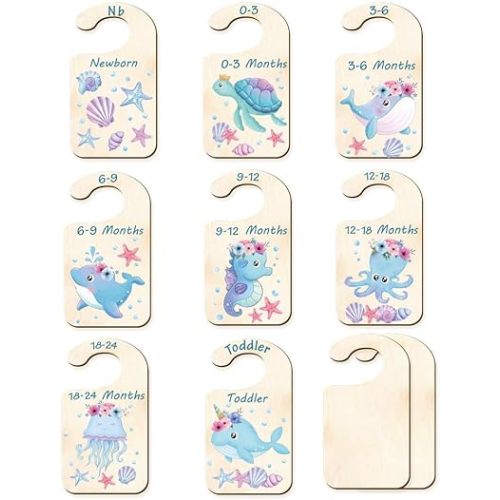 CRASPIRE 10Pcs Wood Baby Wardrobe Dividers Ocean Size Divider Closet Organizers Turtle Seahorse Clothes Whale Shell Nursery Decor from Newborn to 36 Month Hanger Baby Infant for Newborn Baby Shower