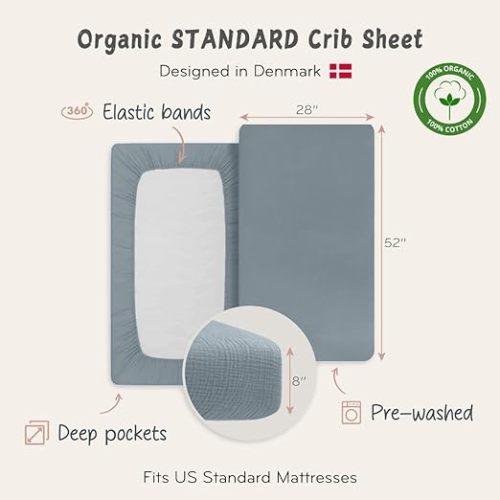 Crib Sheets – Organic Cotton Muslin Fitted Crib Sheet – Standard Size for Baby Boy and Baby Girl 28" x 52" Ultra-Soft and Breathable. (Tradewinds)