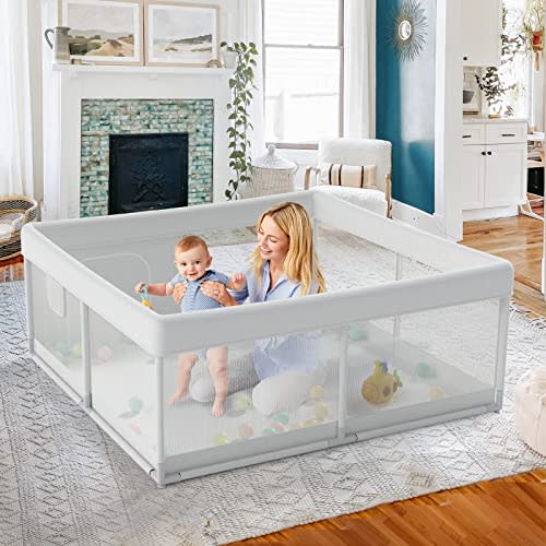 Fodoss Baby Playpen, Playpen for Babies & Toddlers, 47x47 Small Baby Play Pen,Toddler Playpen for Apartment,Play Yard for Baby,Baby Activity Play Fence, Extra Large Baby Playard, 47x47 Light Grey