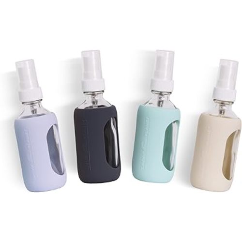 Empty Clear Glass 2oz Small Spray Bottles with Silicone Sleeve Protection - Refillable Containers for Travel, Cleaning Solutions, Essential Oils, Sanitizers - Quality Sprayer - 4 Pack