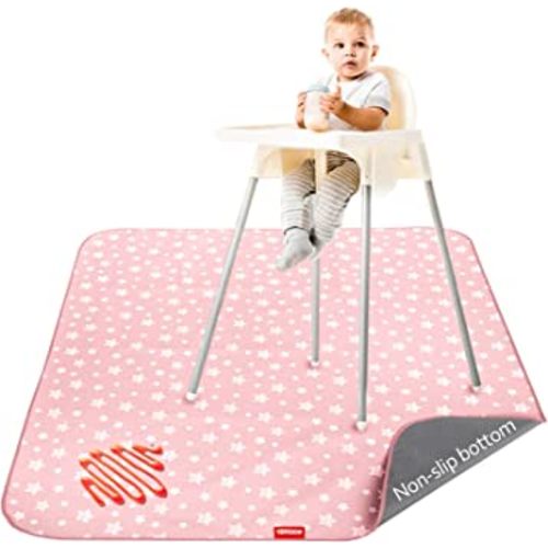 Baby Splat Mat Anti Slip Waterproof High Chair Mat, Baby Feeding Table Cloth Floor Mat Cover, Baby Art Playtime Mat for Craft/Mealtime, 42X46 Inch Washable Portable Picnic Mat - Pink Star