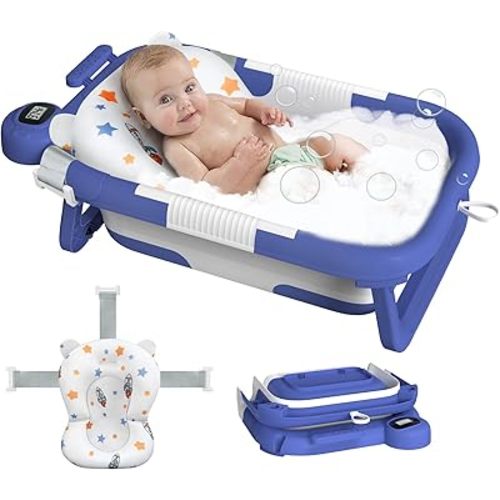 Collapsible Baby Bathtub, Baby Bath Tub for Newborn to Toddler with Floating Cushion for Bath Support, Portable Baby Tub for Infants with Temp Monitor, 0-36 Months Baby Bath Essentials, Blue