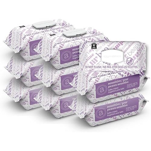 Amazon Elements Baby Wipes, Sensitive, Unscented, Cleans Gently, 810 Count, Flip-Top Packs, Pack of 9