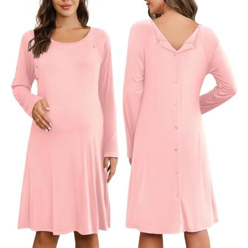 Ekouaer Women Maternity Nightgown Labor Delivery Nursing Gown Hospital Breastfeeding Dress Button Down Long Sleeve Sleepwear