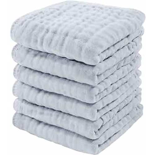 Baby Washcloths Set, Muslin Cotton Baby Towels, Large 10”x10” Wash Cloths Soft on Sensitive Skin, Absorbent for Boys & Girls, Newborn Baby & Toddlers Essentials Shower Registry Gift (Slate, Pack of 6)
