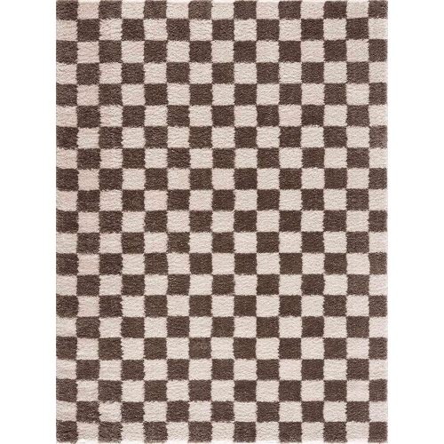 BoutiqueRugs Canika Modern Checkered Shag Rug - High Pile Fluffy Shaggy Carpet for Hallway, Nursery, Playroom, Girls Boys Room - Machine Washable - Peach, Dark Brown - 7'10" x 10' (8x10)
