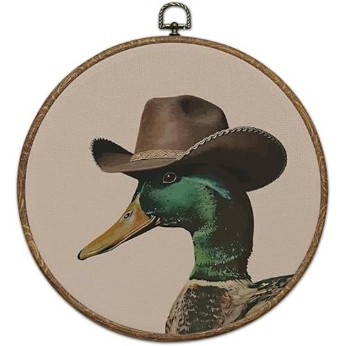 bxtala Vintage Cowboy Mallard Duck Round Wall Art, Western Brown Cowboy Hat Wall Hanging Decor, 10"x10" Circle Canvas Frame Prints for Home Bedroom Living Room Decorations -19