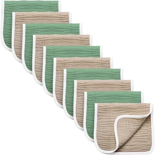 Synrroe Burp Cloths Large, Muslin Burp Cloths for Baby Girls and Boys, Pack of 10 Extra Absorbent and Soft Muslin Bibs, 6 Layers 20 by 10 Inches 100% Cotton (Brown-Green 10 Pack)