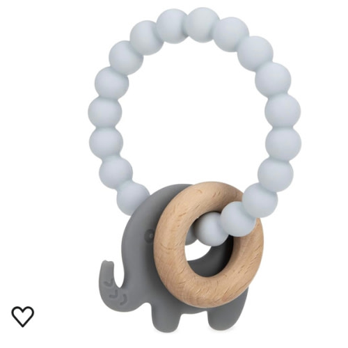 Nuby Natural Wood & Silicone Teether Ring: 3 M+, Elephant, Gray