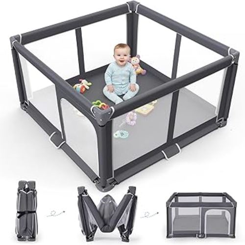 Foldable Baby Playpen - 50"x50" Safety Play Yard for Babies & Toddlers - Indoor & Outdoor Use with Carry Bag - Collapsible, Portable Play Yard, Dark Gray