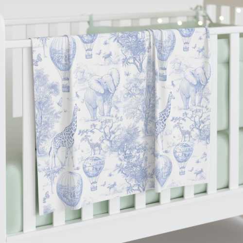 Baby Swaddle Blanket, Vintage Elephant and Giraffe Chinoiserie Hot Air Balloon Nursery Decor - Newborn Gift, Safari Wrap, Blue White Infant,