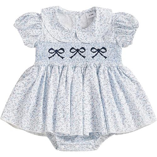Newborn Baby Girl Romper Bow Embroidery Peter Pan Collar Short Sleeve Bubble Bodysuit Summer Clothes