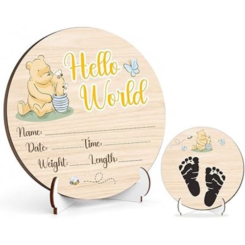 Winnie Baby Wooden Newborn Birth Sign, Winnie Hello World Newborn Signs, Babies Name Sign, The Pooh Baby Announcement Signs Photography Prop, Double Sided Hello World for New Mom Babies Party