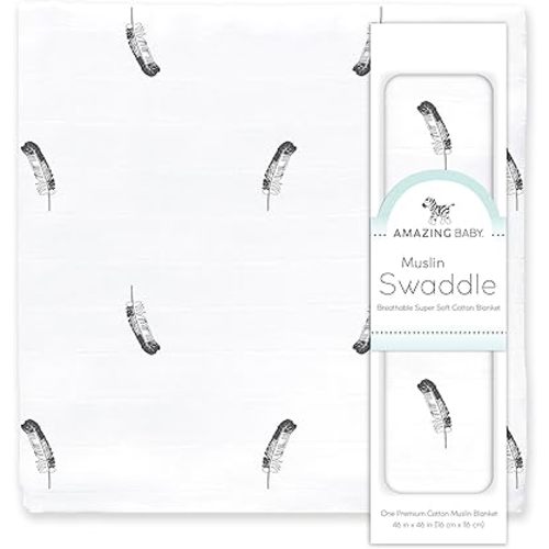 Amazing Baby Muslin Swaddle Blanket, Premium Cotton, Little Feather, Gray & Soft Black