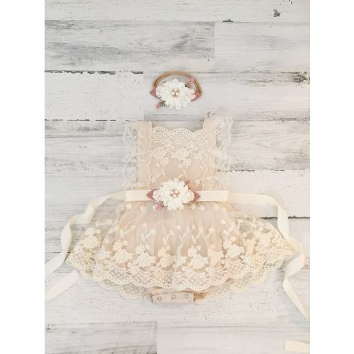 Boho baby girl cream romper-1st birthday baby girl boho outfit-rustic cream lace romper-baby chic bubble romper-country baby girl-baby gift