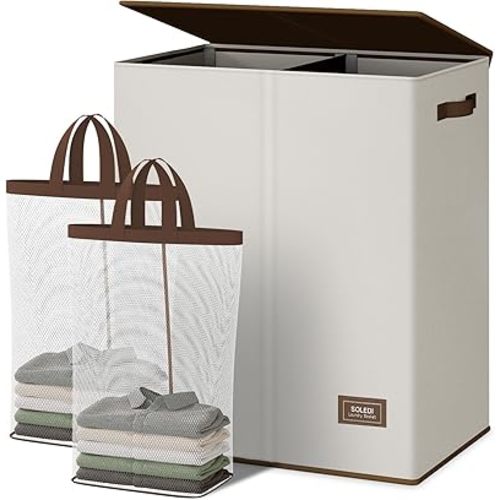 SOLEDI Luxury Double Laundry Hamper with Lid and Removable Laundry Bags, Large Hamper for Laundry, Laundry Basket 2 Sections, Collapsible Laundry Baskets for Bedroom, Laundry Room, Bathroom, Off-white