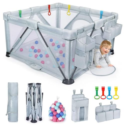 Baby Playpen: Foldable Playpen for Babies and Toddlers Large Play Pen Portable Playpen Fence Indoor Outdoor Kids Safety Area Travel Play Yard with 2 Storage Bags 4 Handlers 50 Balls (50" × 50")
