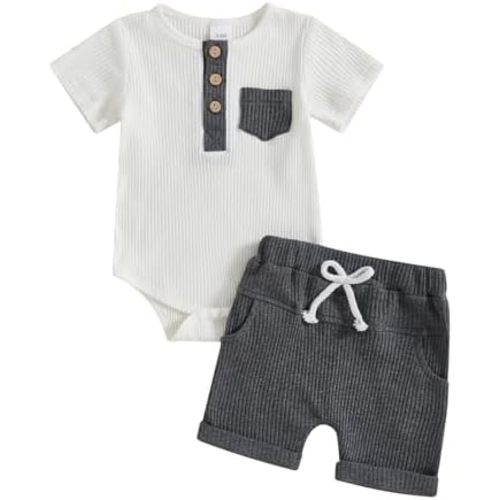 fhutpw Baby Boy Clothes Short Sleeve Romper & Shorts Sets Newborn 3 6 12 Months Summer Knitted Ribbed Splicing Color Outfits