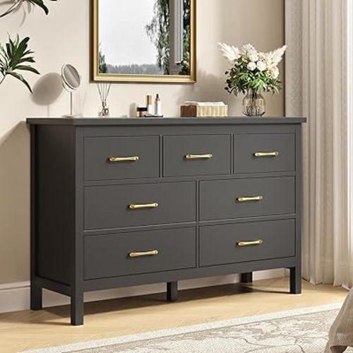 Tradare Black Dresser for Bedroom, 7 Drawer Wood Double Dresser with Golden Handles, Wide Chest of Organizer Storage Drawers for Living Room, Hallway, Entryway