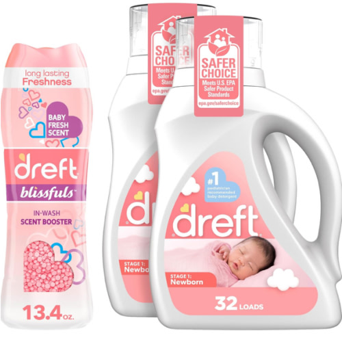 Bundle of Dreft Stage 1: Newborn Hypoallergenic Baby Laundry Detergent Liquid Soap, 46 Fl Oz, (Pack of 2) + Dreft Blissfuls In-Wash Scent Booster Beads, Baby Fresh, 13.4 oz