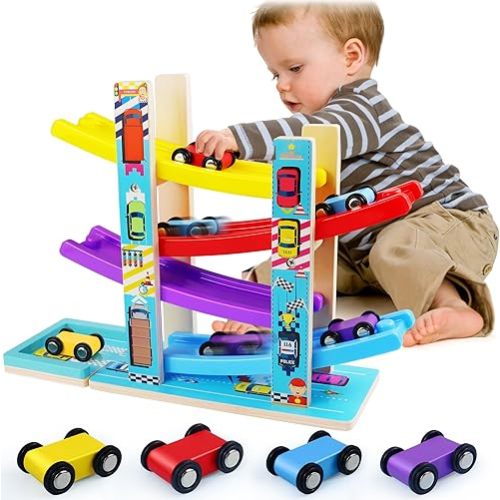 Montessori Toys for Toddlers, Children Race Track Toy with 4 Cars and 1 Wooden Parking Lot, Stable Base, Car Ramp Toy for 2 3 Year Old Boy Girl Gifts, 18 Month Old Toys for Kids